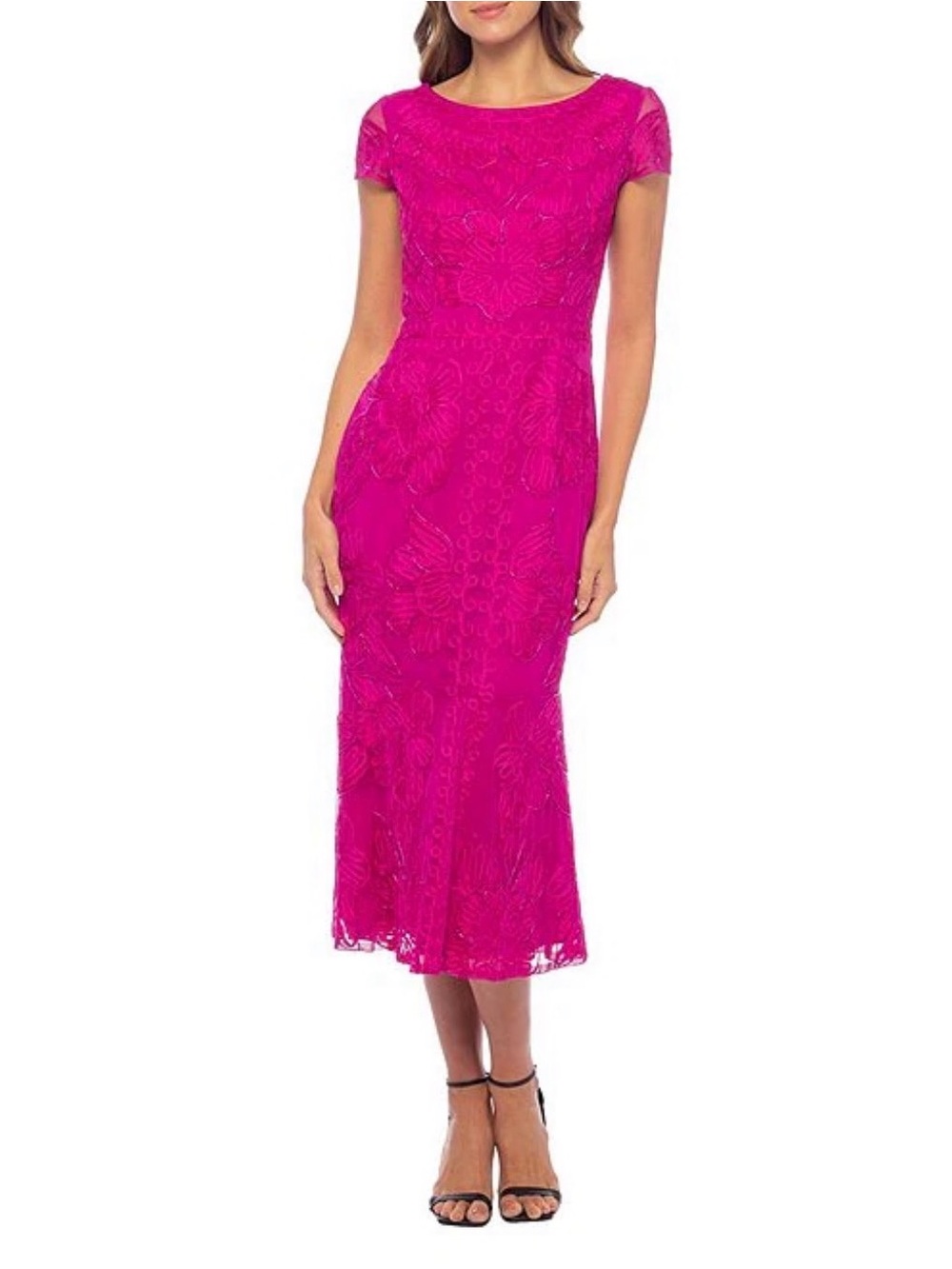 Oleg Cassini Fuchsia Embroidered Midi Dress